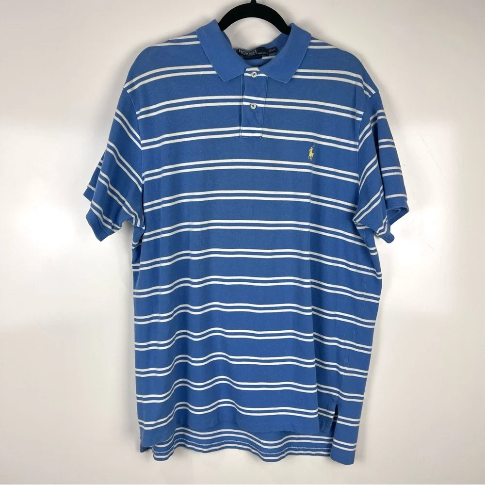 Polo Ralph Lauren Custom Fit Striped Polo Shirt Blue White Mens XXL Preppy Golf